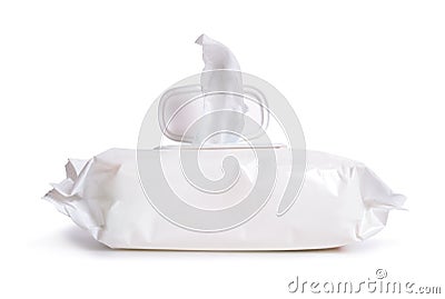 A wet wipe, also known as a wet towel or a moist towelette. Isolated on white background Stock Photo