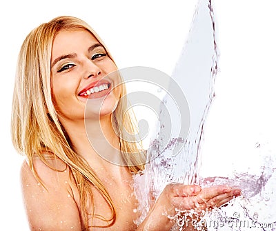 Wet woman face with water drop. Stock Photo