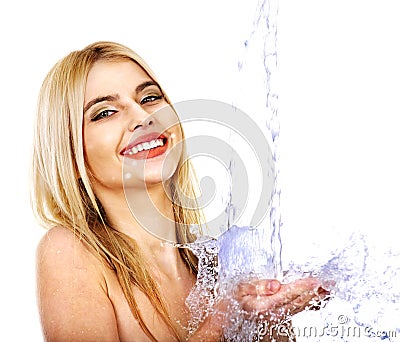 Wet woman face with water drop. Stock Photo