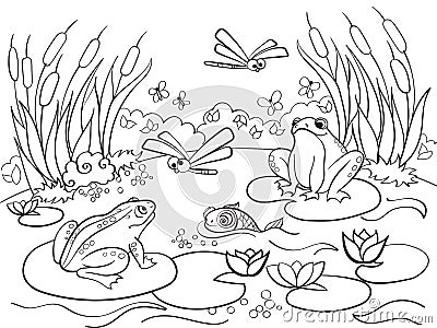 Wetland landscape with animals coloring vector for adults Vector Illustration