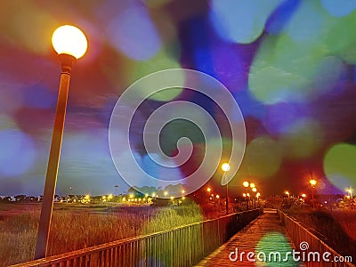 Wetland Walkway With Color Sunspots Stock Photo