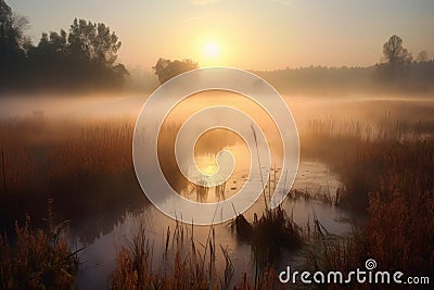 wetlands and marshes in the morning mist, with colorful sunrise Stock Photo