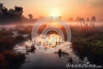 wetlands and marshes in the morning mist, with colorful sunrise Stock Photo