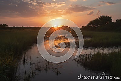 wetlands and marshes, with sunset in the background, bringing calmness to the scene Stock Photo
