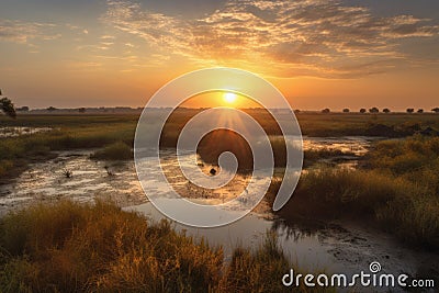 wetlands and marshes, with view of sun setting over the horizon Stock Photo