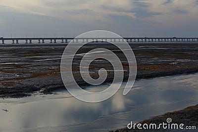 Wetlands of the river, the longest bridge in the world by the hangzhou bay Stock Photo