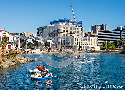 Whairepo Lagoon near Wellington boat shed, Frank Kitts Park and civic square with people boating Editorial Stock Photo