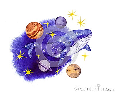 Whale animal in night sky with stars, planets. Watercolor space design, fantasy illustration for decorative universe Cartoon Illustration