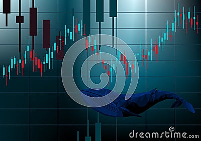 Whale buy signal. Trading market manipulation. Massive accumulation sign. Big players in stocks. Candlestick chart. Dark bottom. Vector Illustration
