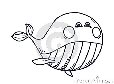 Whale in doodle style. Cute Hand drawn sea animal line art for childrens stickers, postcard and coloring book Cartoon Illustration