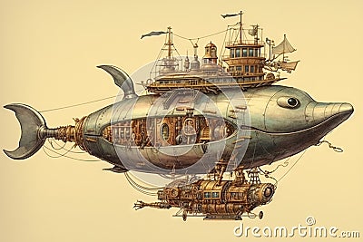 whale steampunk animal illustration generative ai Cartoon Illustration