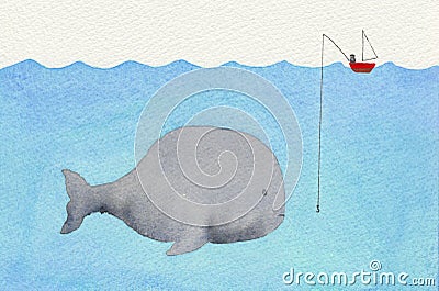 Whale and a fisherman Cartoon Illustration