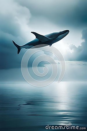 A whale flying over water AI generated Stock Photo