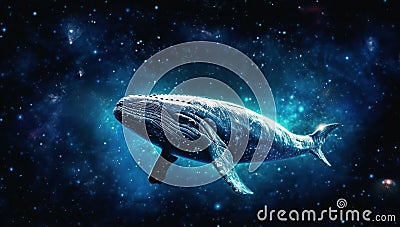 whale is flying in space among stars and Milky Way. Children's surreal dreamy dream. Generative AI illustration Cartoon Illustration