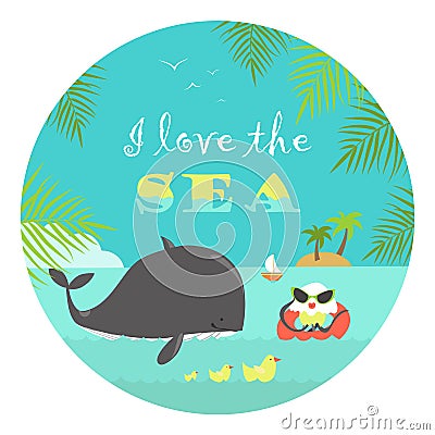 Whale and jellyfish swimming in the sea Vector Illustration