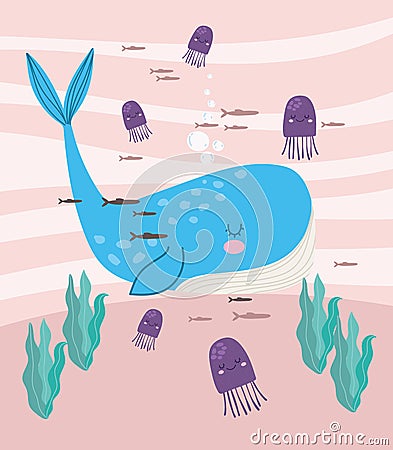 whale jellyfishes underwater Vector Illustration