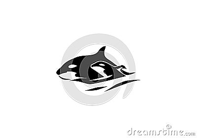 Whale killer with baby logo silhouette. Orca offspring in water. The family fish. Vector Illustration