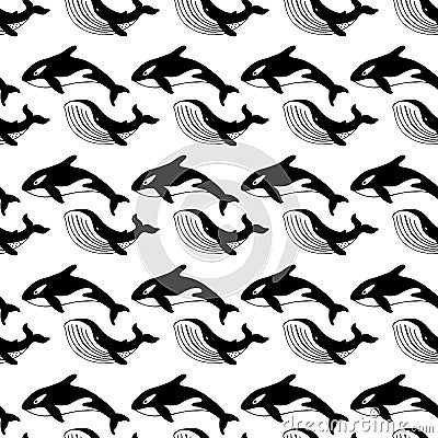 Whale and killer whale, hand-drawn ink. Vector Illustration