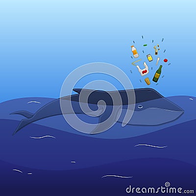 Whale with trash spout Vector Illustration