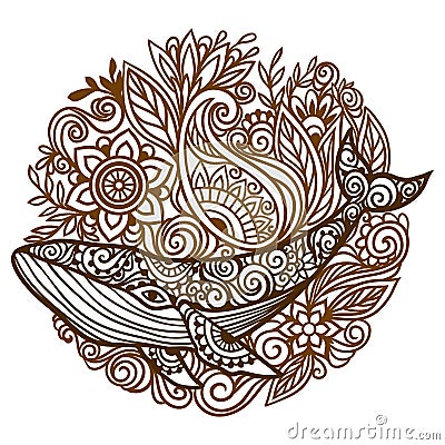 Whale mandala. Vector illustration. Whale sea animal in Zen style Cartoon Illustration