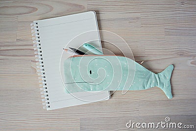 Whale pencil case, notes and pens Stock Photo