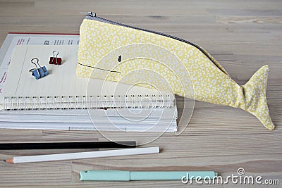 Whale pencil cases, notes and pens Stock Photo