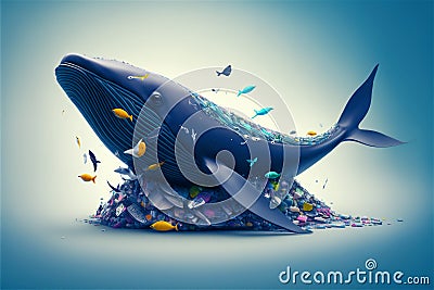 Whale on pile of garbage. Ocean plastic pollution concept. Generative AI Stock Photo