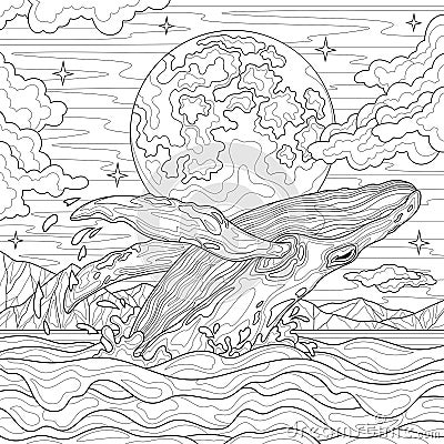 Whale in the sea and full moon.Coloring book antistress for children and adults. Vector Illustration