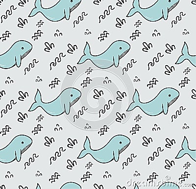 Whale on the sea seamless pattern in kawaii style vector Stock Photo