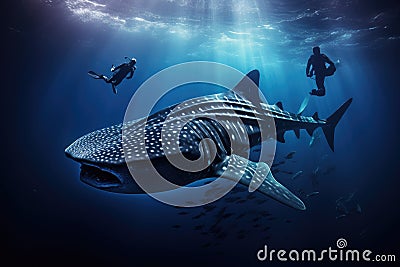 Whale shark and diver in deep blue ocean. 3D rendering, giant Whale shark swimming underwater with scuba divers, AI Generated Stock Photo
