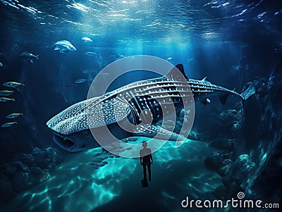 Ai Generated illustration Wildlife Concept of Whale shark and the diver Cartoon Illustration