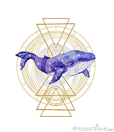 Whale with stars and constellations on golden triangles and circles. Watercolor geometric design for astrology, esoteric Stock Photo