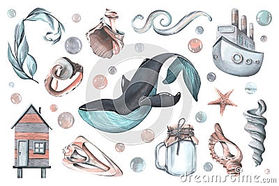 Whale, steamboat, fisherman's house, various shells and bubbles. Watercolor illustration. A set from the WHALES Cartoon Illustration