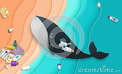 Whale swallowed the plastic garbage, it is thrown ashore. Environmental pollution Vector Illustration