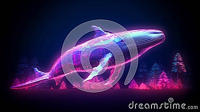 Whale Swimming in Neon Low Poly Forest. Triangular Vector Illustration. Genearative AI Stock Photo