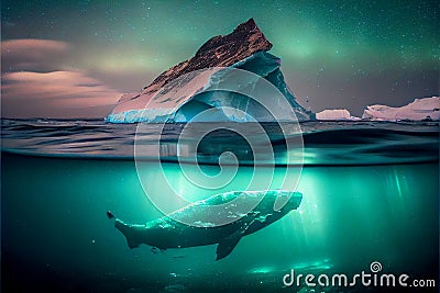 Whale swimming under iceberg Stock Photo