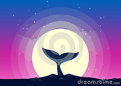 Whale tail dives into the sea background of the moonlight Vector Illustration