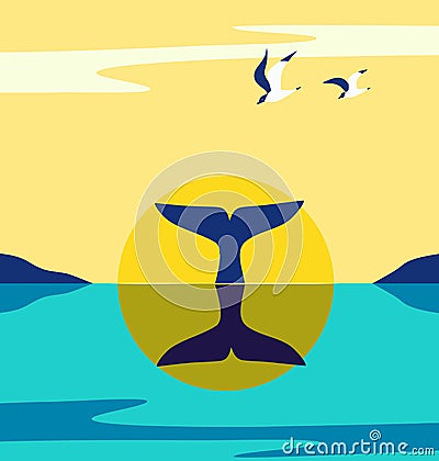 Whale Tail at Ocean Sunrise minimalist flat vector Vector Illustration