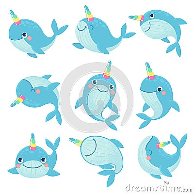 Whale unicorn. Cute marine inhabitants colorful adorable whales unicorns, funny animals childrens anime creatures Vector Illustration