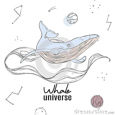 Whale universe wall poster. Modern space decoration with huge galaxy, planets, moon and ocean animals vector background Vector Illustration
