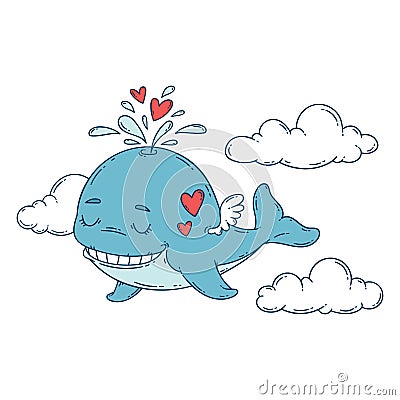 A whale with wings in the sky with hearts. Vector Illustration