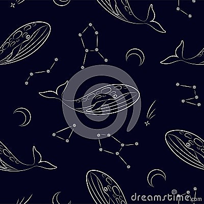 whales and constellations space seamless pattern on dark blue background Vector Illustration