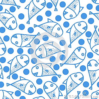 Whales Seamless Pattern. Background with Hand Drawn Doodle Cute Whales and Blue Bubbles. Stock Photo