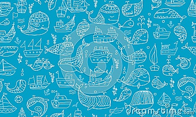 Whales and ships, seamless pattern for your design Vector Illustration