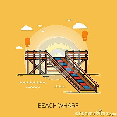 Wharf or quay, pier or wooden dock on beach Vector Illustration