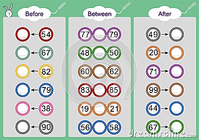 What comes Before-Between and After, math worksheets for kids Stock Photo