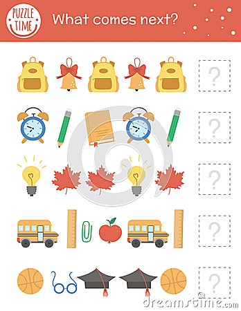 What comes next. Back to school matching activity for preschool children with classroom objects. Funny educational puzzle. Logical Vector Illustration