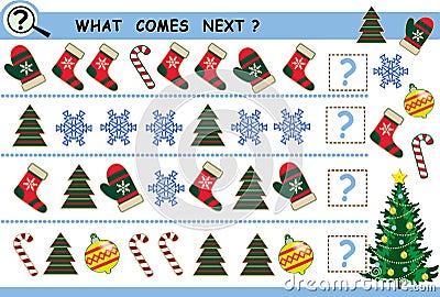 What comes next, continue the row of objects, christmas tree, socks, mittens, balls. snowflakes. Vector Illustration