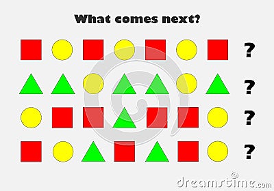 What comes next with different colorful geometric shapes for children, fun education game for kids, preschool worksheet activity, Stock Photo