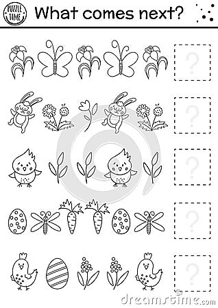 What comes next. Easter black and white matching activity for preschool children. Funny holiday puzzle. Outline logical worksheet Vector Illustration